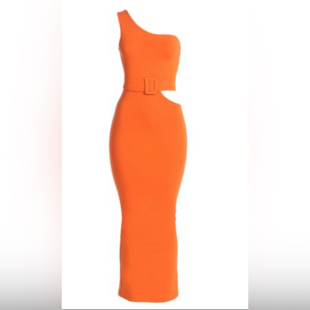 One-Shoulder Orange Cutout Belted Maxi Dress